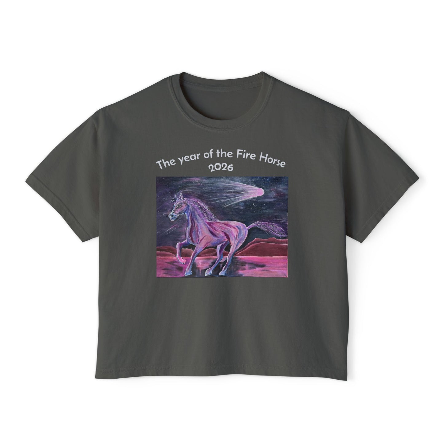 Year of the Fire Horse 2026 Women's Boxy Tee | Cosmic Colorful Fire Horse Design