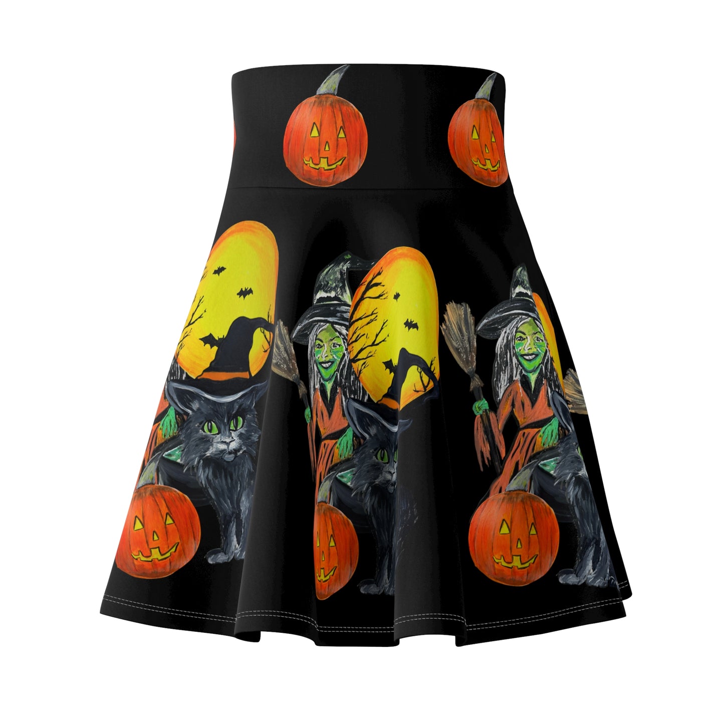Halloween Witch and Black Cat Skater Skirt | Pumpkin Moon Print