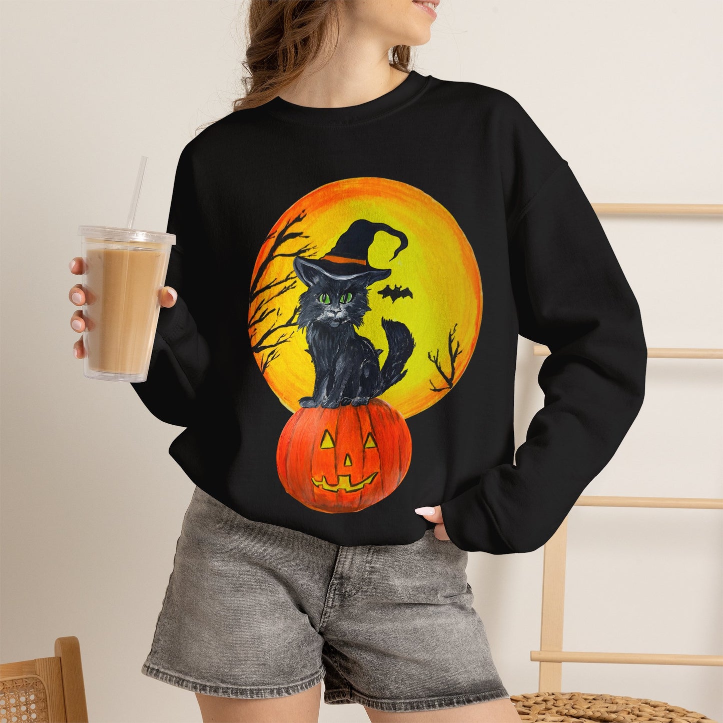 Witch Cat on Pumpkin Crewneck Sweatshirt | Halloween Black Cat Moon