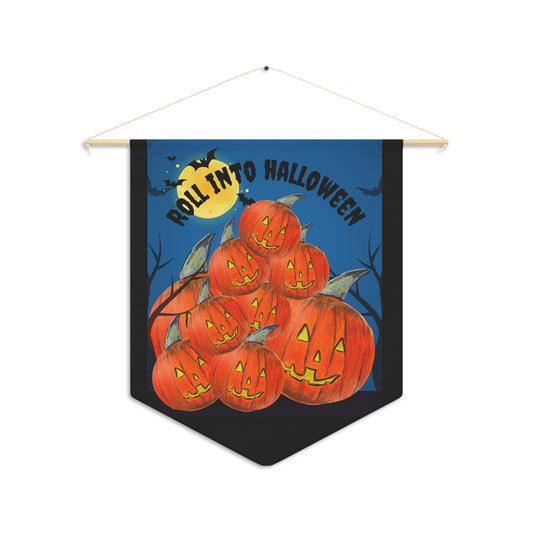 Roll Into Halloween Pennant | Jack-o'-Lantern Pumpkin Stack Wall Banner