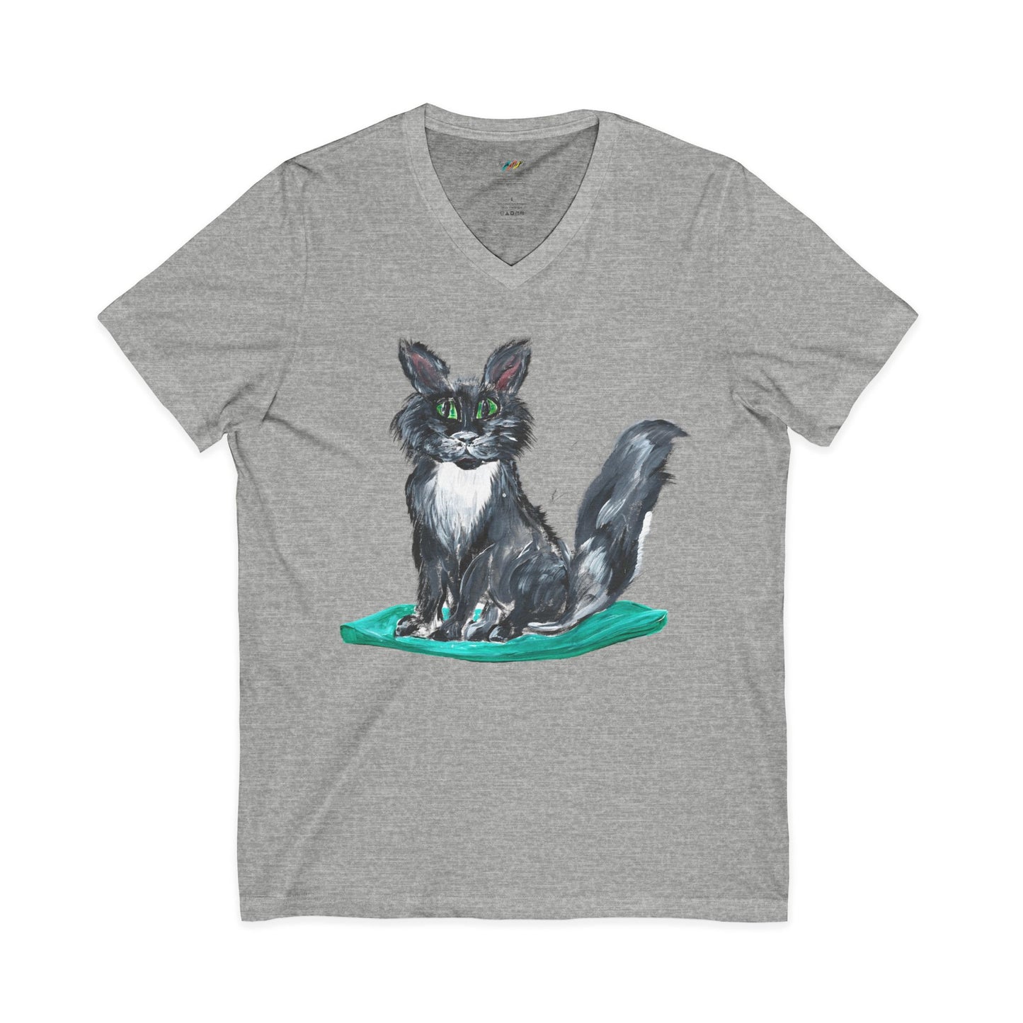 Black and White Kitten Cat Illustration Tee | Hand painted Cat on Green Pillow V-Neck