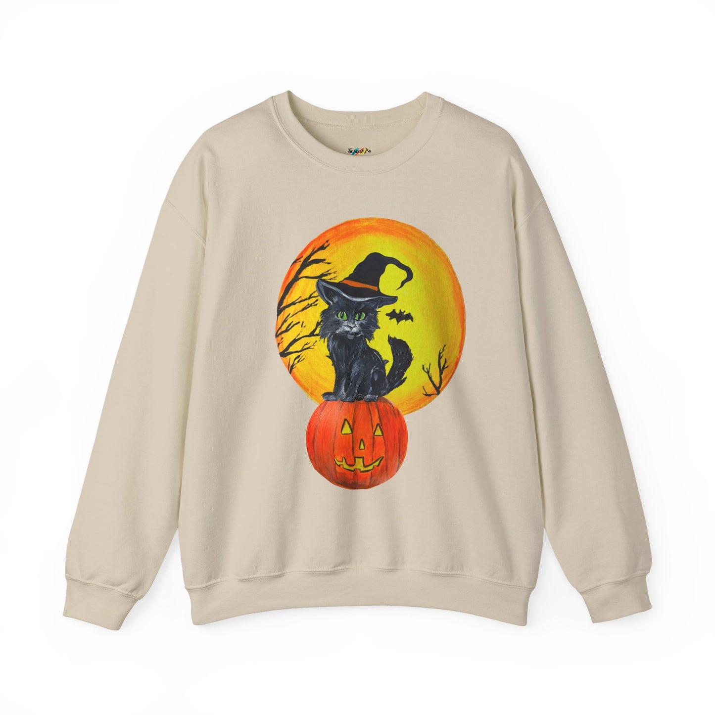 Whimsical Witchy Halloween Kitten Crewneck Sweatshirt, Cute Autumn Moon, Spooky Cat on Jack-O'Lantern, Fall Season Pullover,