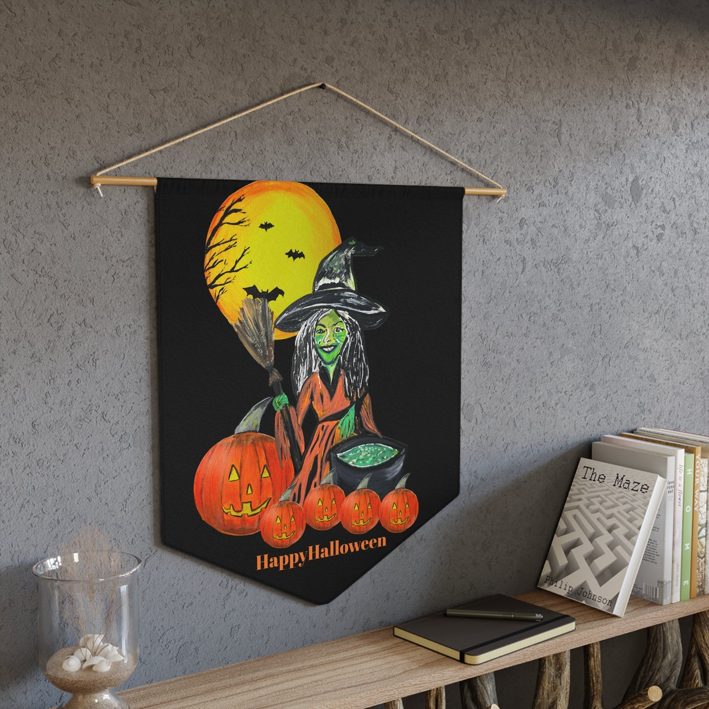 Witch with Pumpkins Pennant | Halloween Banner, Spooky Moon Decor