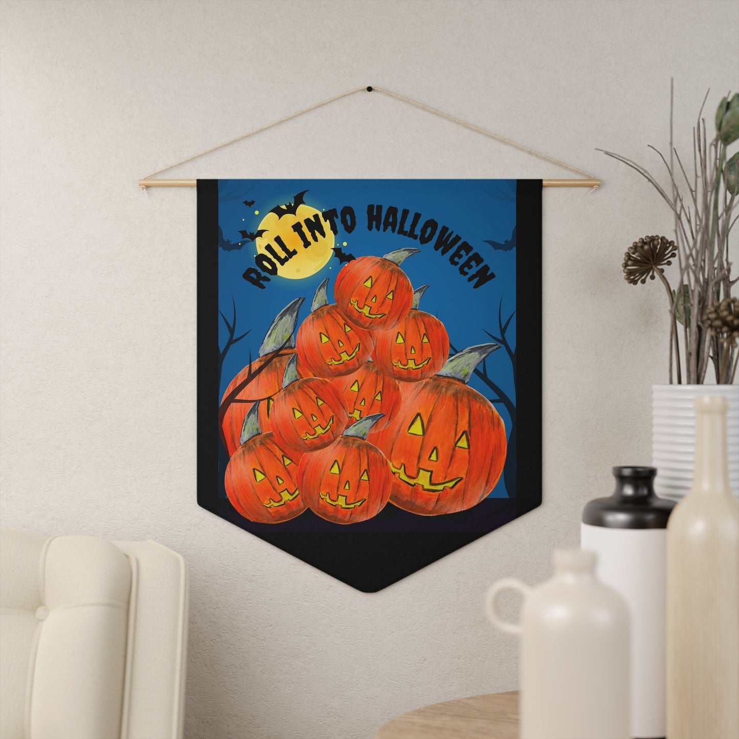 Roll Into Halloween Pennant | Jack-o'-Lantern Pumpkin Stack Wall Banner
