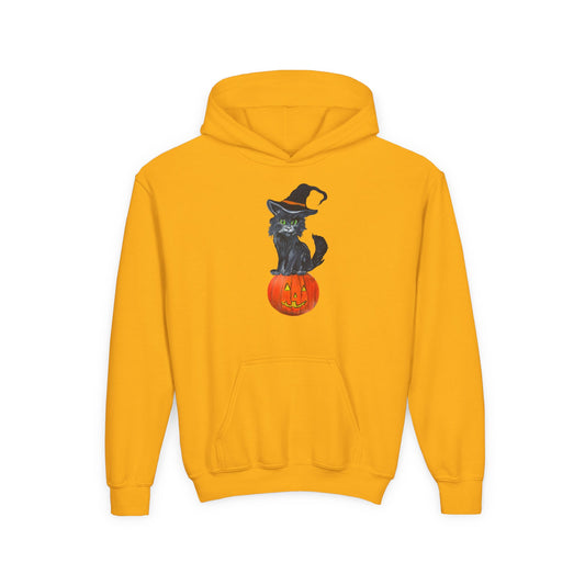 Black Cat Witch on Pumpkin Youth Hoodie | Halloween Kids Sweatshirt
