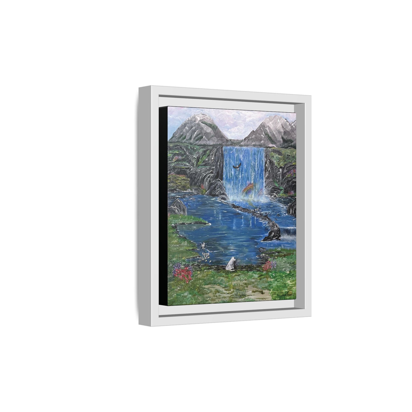 Spirit Under a Pink Sky Wolf Landscape Canvas, Framed Wall Art | Mountain Waterfall