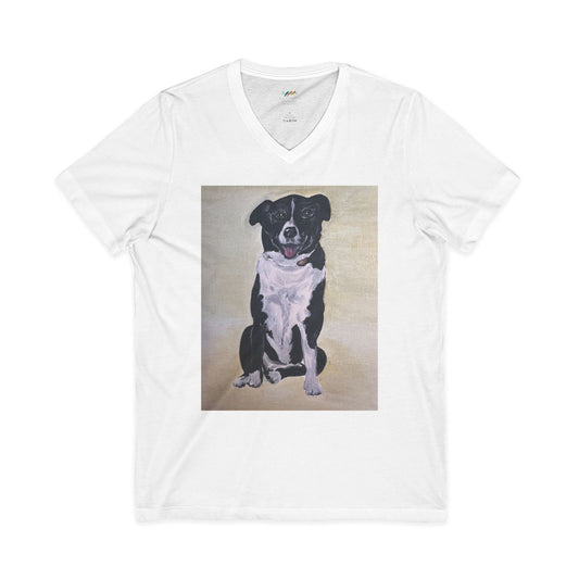 Black and White Dog Portrait V-Neck Tee | Border Collie Style original art tee