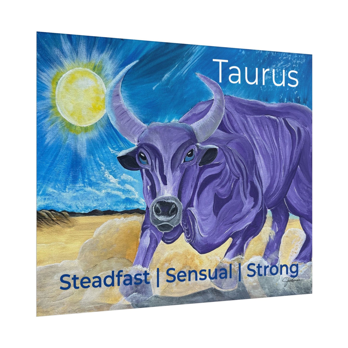 Taurus Purple Bull Artwork Poster | Surreal Zodiac Illustration, Sunlit Landscape
