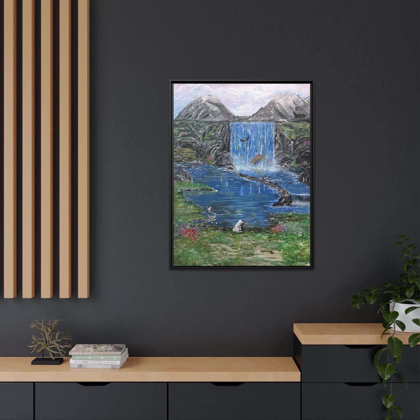 Spirit Under a Pink Sky Wolf Landscape Canvas, Framed Wall Art | Mountain Waterfall