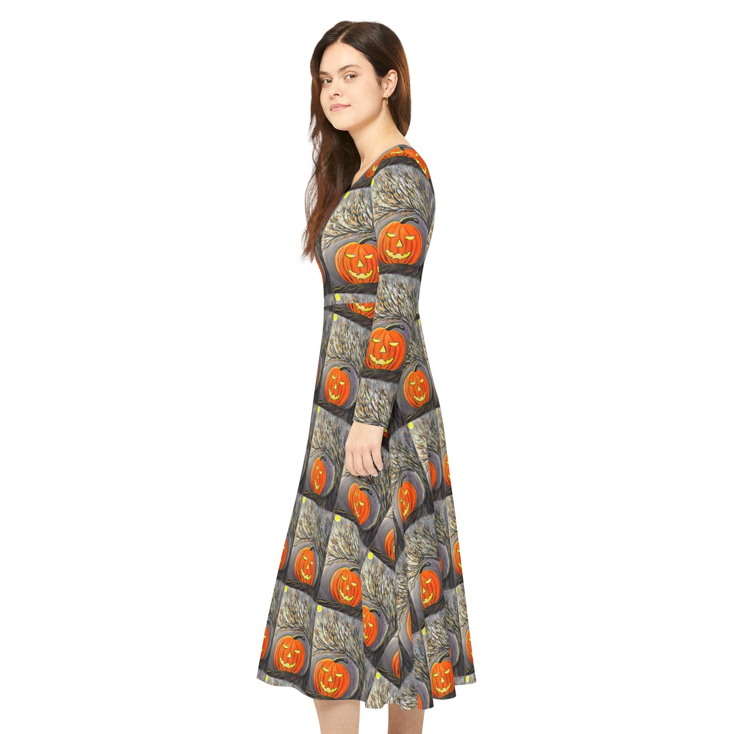 Jack-O'-Lantern Pattern Dress | Halloween Long Sleeve Dress