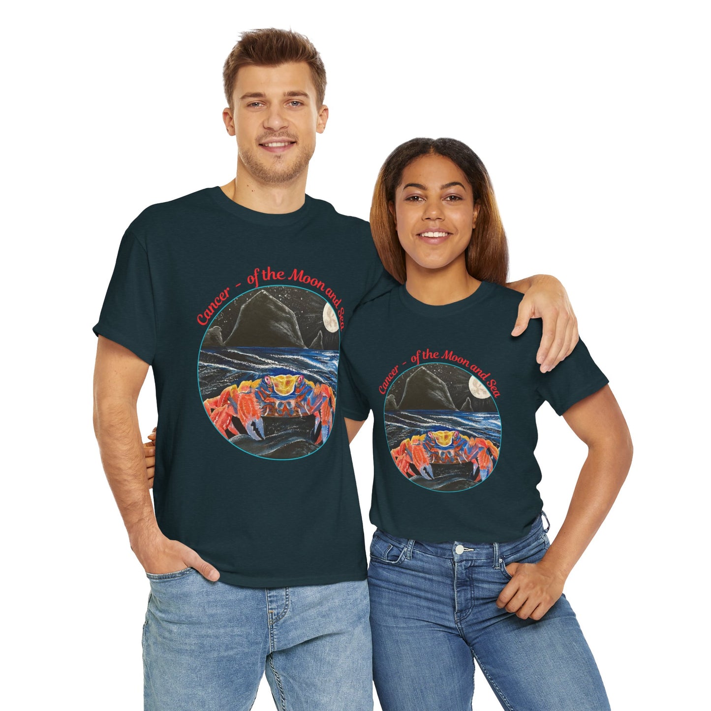 Cancer of the Moon and Sea Heavy Cotton Tee - inspirational colorful zodiac design