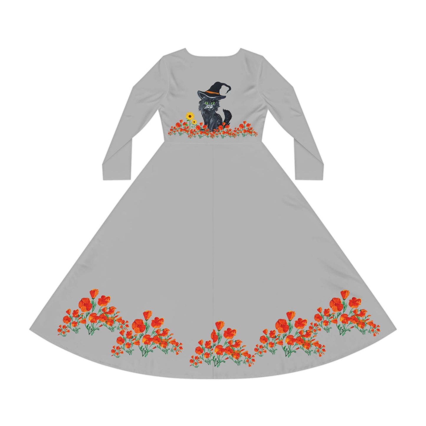 Women's Long Sleeve Witch Cat Dance Dress - Perfect for Halloween, Dance Events, Parties, Autumn Celebrations, Botanical Prints
