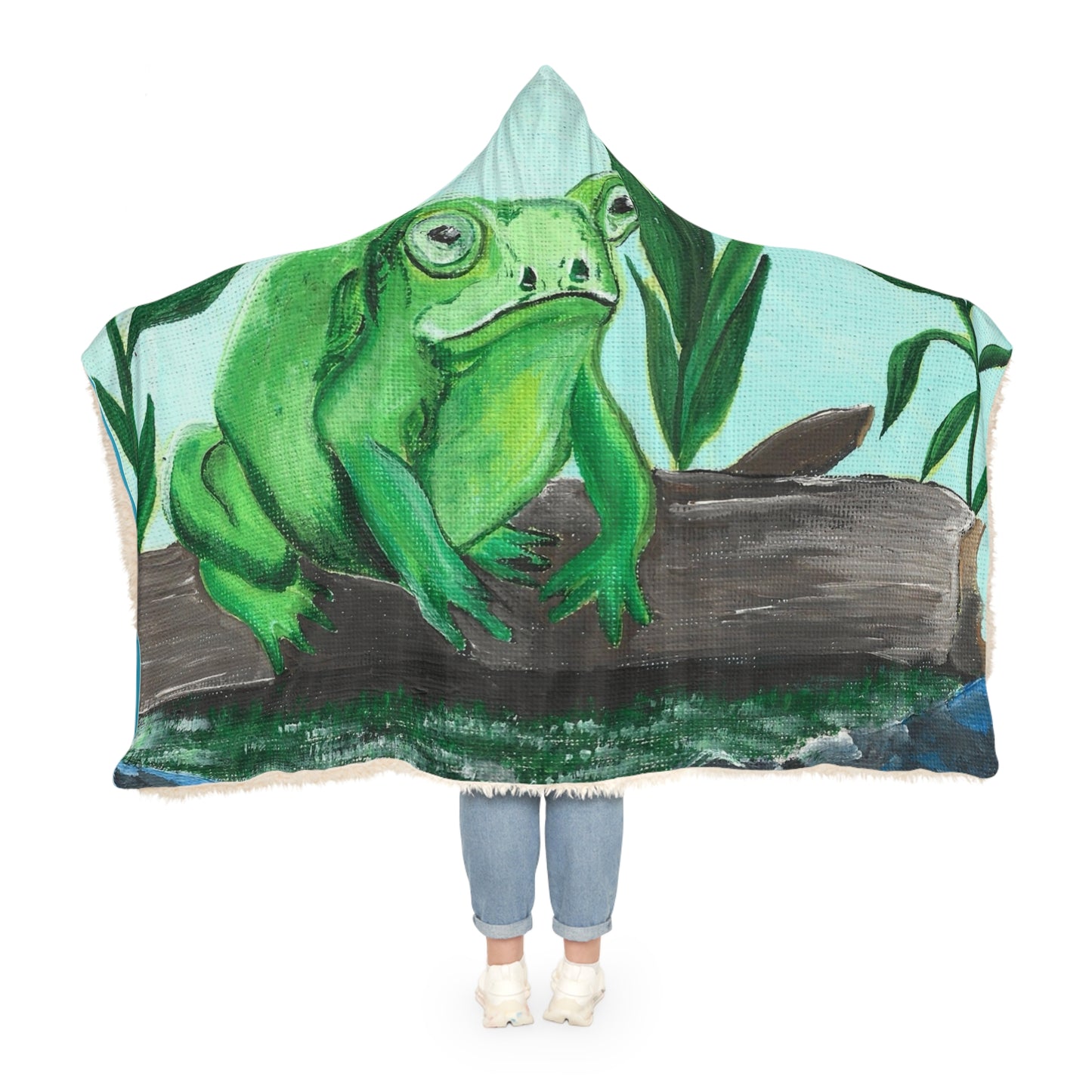 Frog Illustration Snuggle Blanket | Blue Pond Pattern Hooded Throw