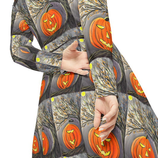 Jack-O'-Lantern Pattern Dress | Halloween Long Sleeve Dress