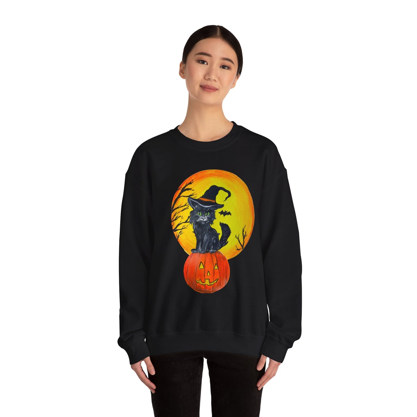 Whimsical Witchy Halloween Kitten Crewneck Sweatshirt, Cute Autumn Moon, Spooky Cat on Jack-O'Lantern, Fall Season Pullover,