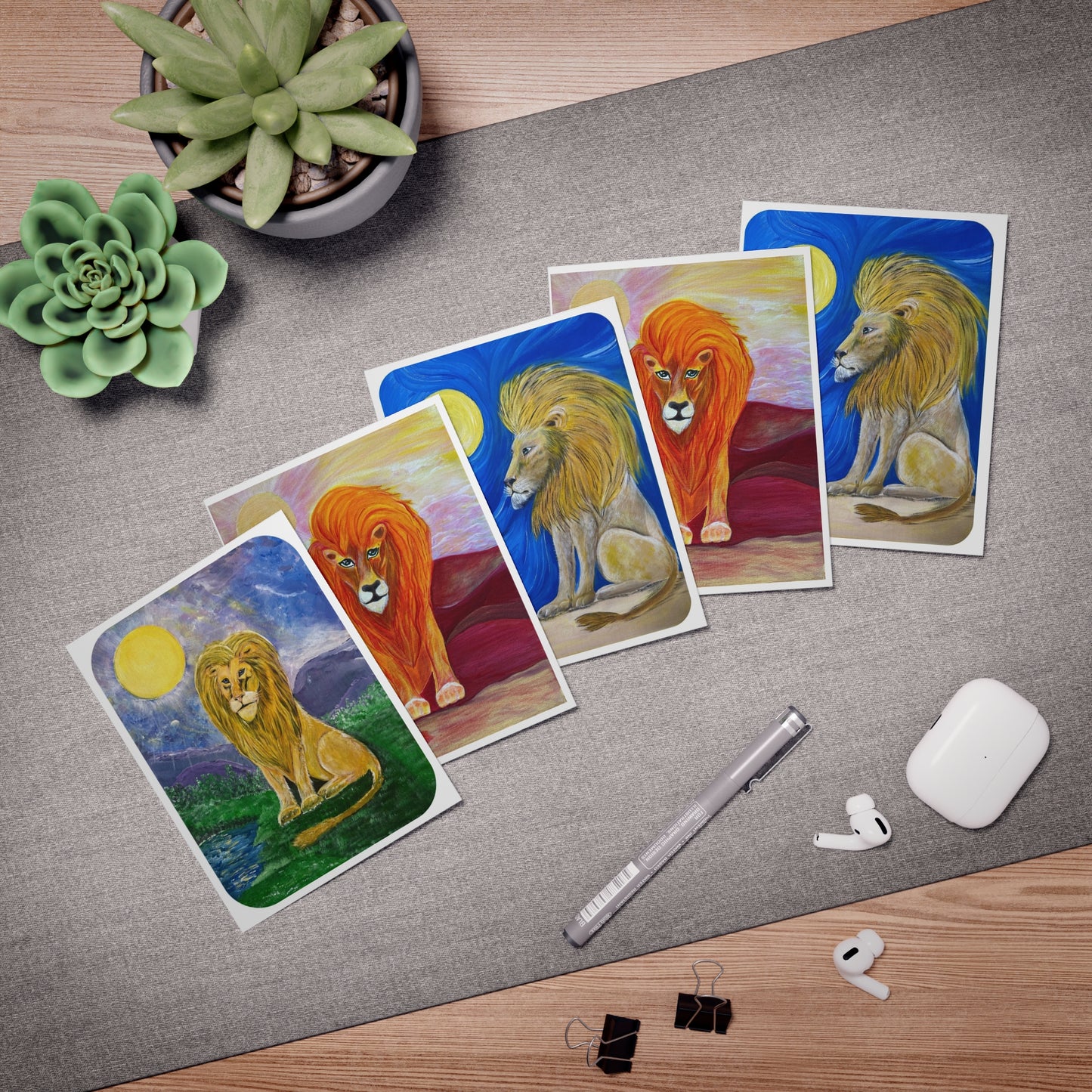 Greeting Cards Set Leo the Lion Zodiac Fans Colorful Artwork 5-Pack
