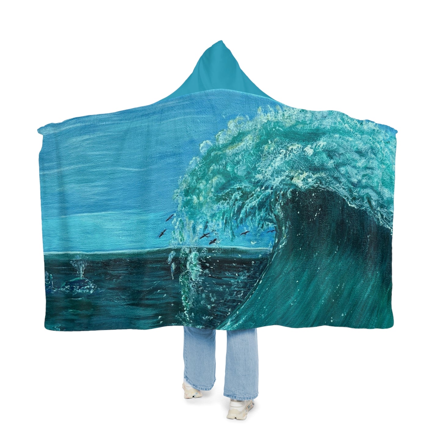 Ocean Wave Painting Snuggle Blanket | Hooded Beach Throw, Turquoise Wave Art