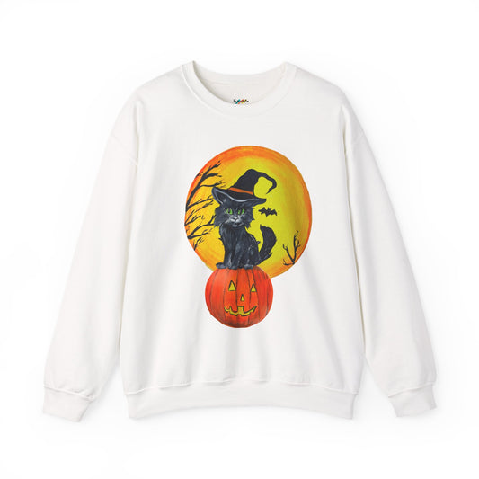 Whimsical Witchy Halloween Kitten Crewneck Sweatshirt, Cute Autumn Moon, Spooky Cat on Jack-O'Lantern, Fall Season Pullover,