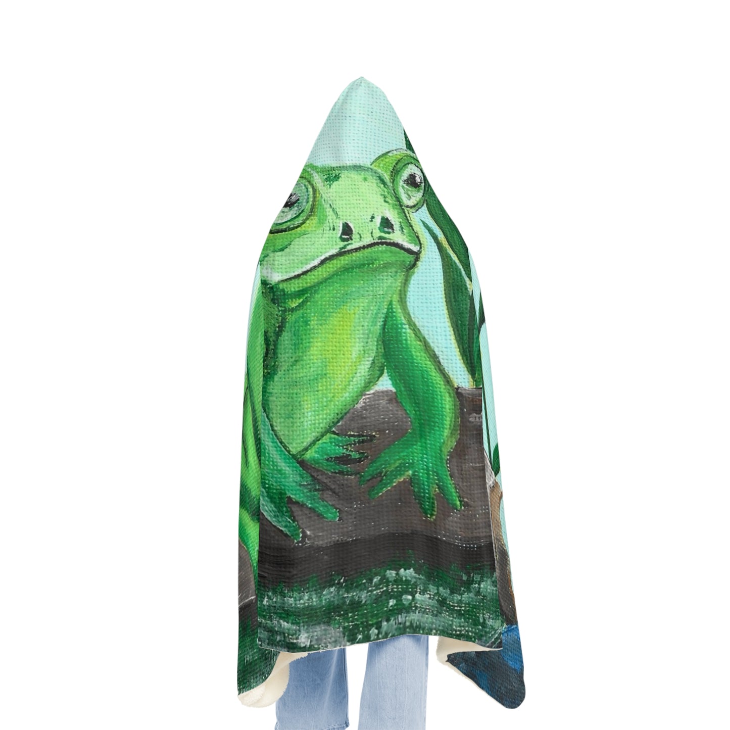 Frog Illustration Snuggle Blanket | Blue Pond Pattern Hooded Throw