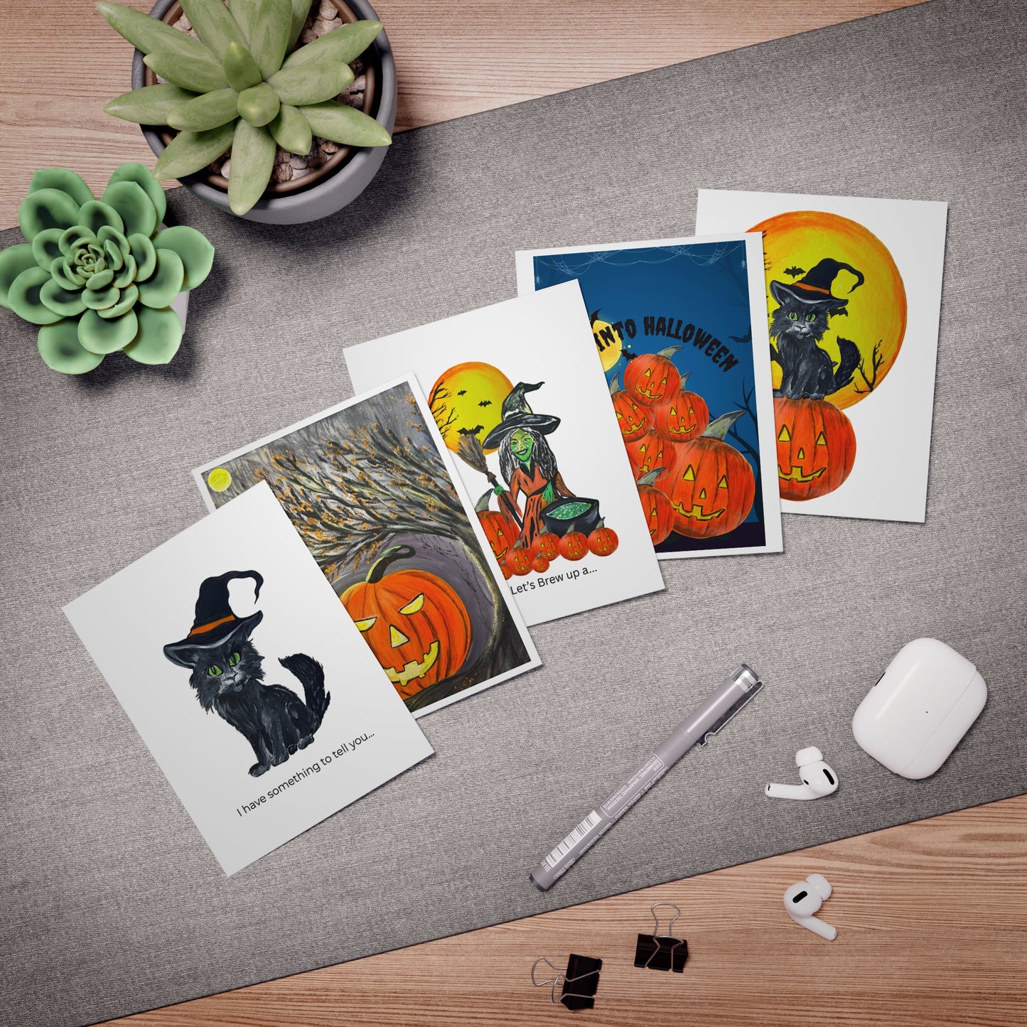 Halloween Cat Greeting Cards – 5-Pack Assorted Spooky Pumpkin Designs