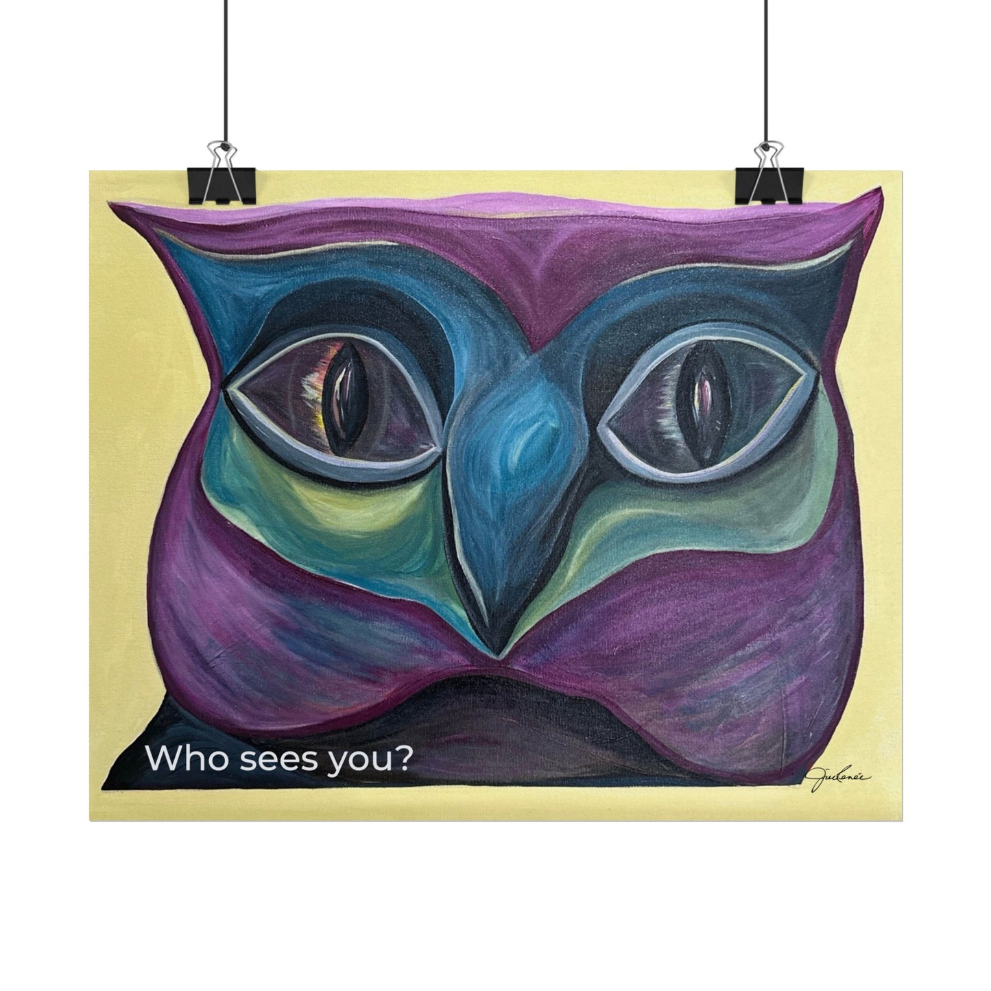 Who Sees You? Owl Face Rolled Poster | Surreal Colorful Catlike Owl Art Print