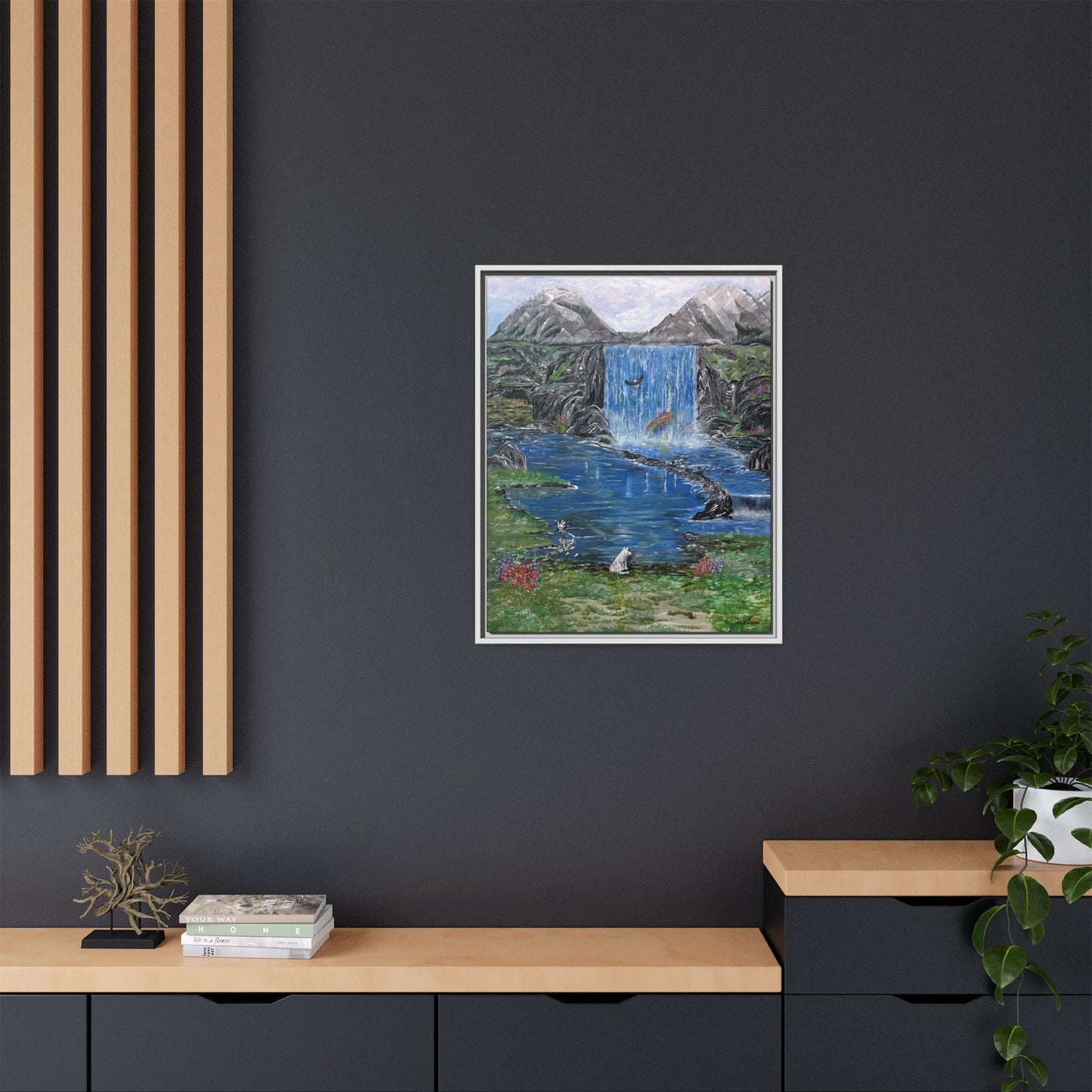 Spirit Under a Pink Sky Wolf Landscape Canvas, Framed Wall Art | Mountain Waterfall