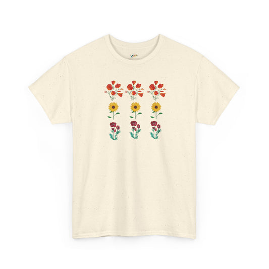 Floral Trio T-Shirt, California Poppies, Sunflowers, Trendy Casual Tee, Unisex Heavy Cotton, Summer Fashion