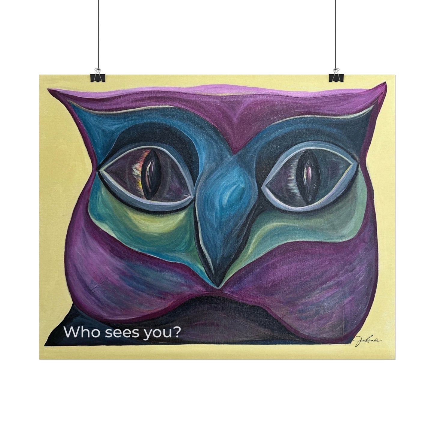 Who Sees You? Owl Face Rolled Poster | Surreal Colorful Catlike Owl Art Print