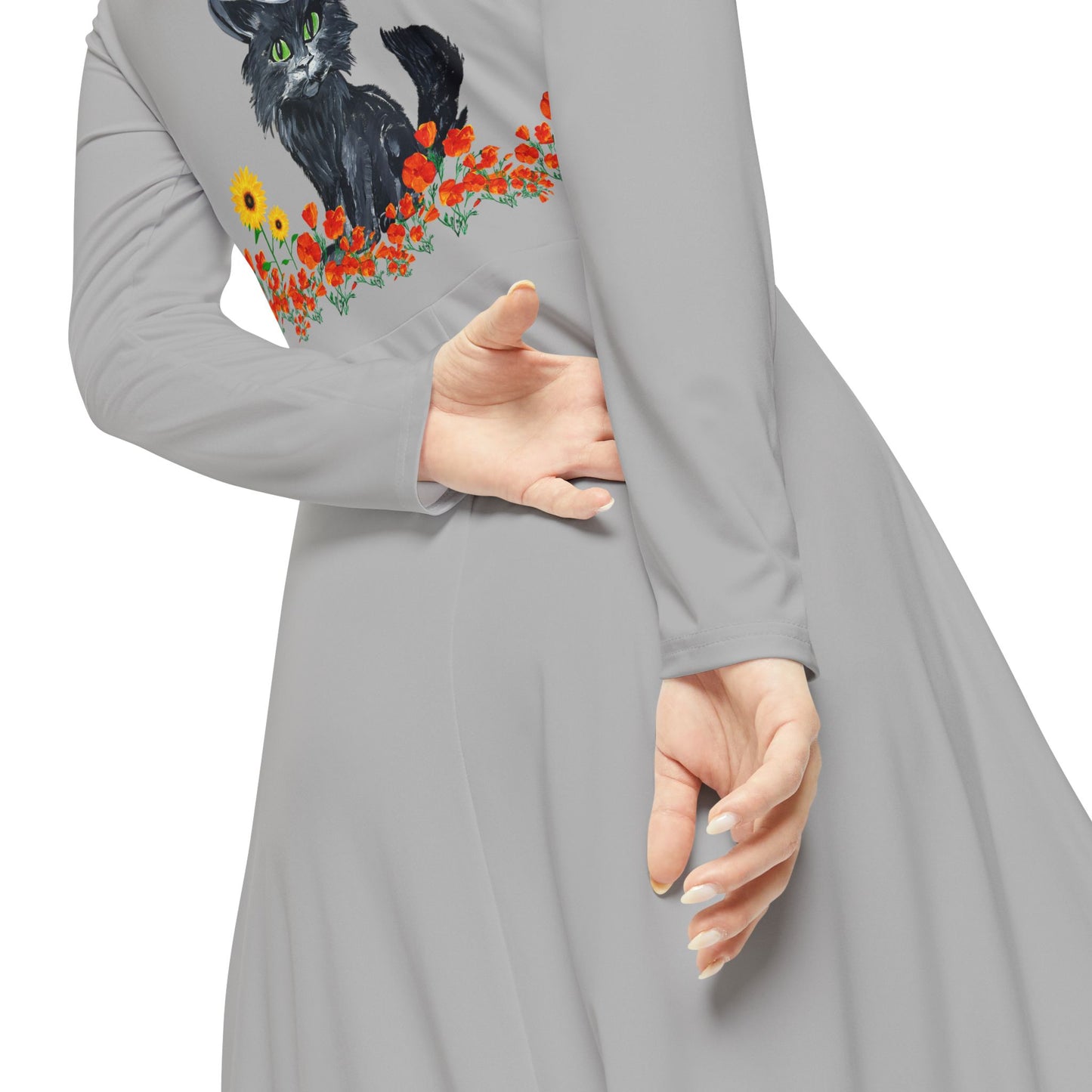 Women's Long Sleeve Witch Cat Dance Dress - Perfect for Halloween, Dance Events, Parties, Autumn Celebrations, Botanical Prints