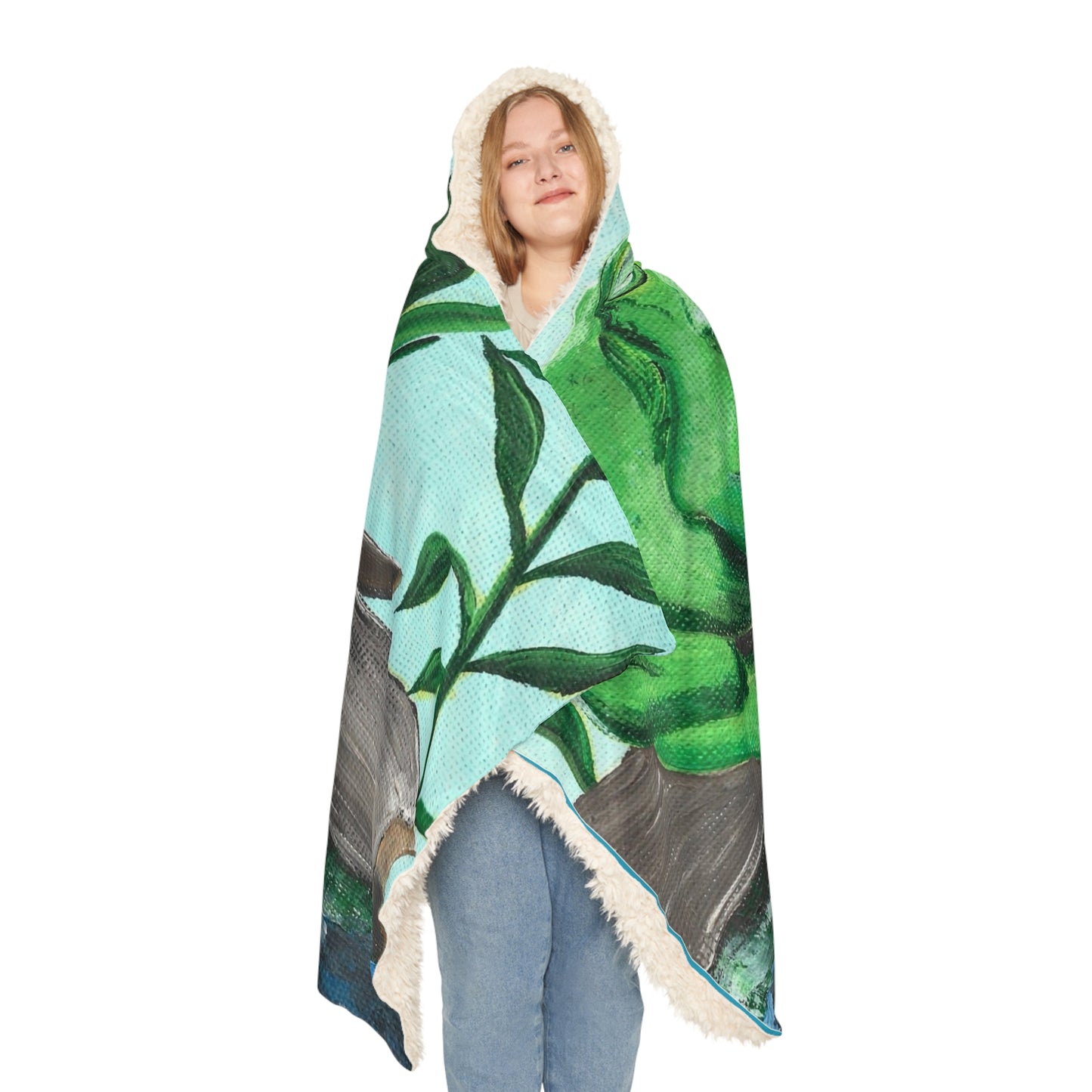 Frog Illustration Snuggle Blanket | Blue Pond Pattern Hooded Throw