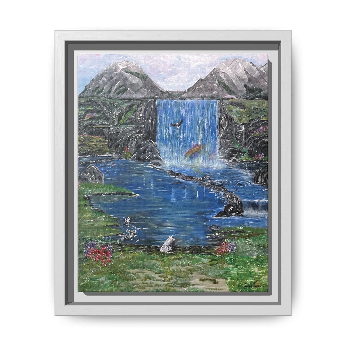 Spirit Under a Pink Sky Wolf Landscape Canvas, Framed Wall Art | Mountain Waterfall