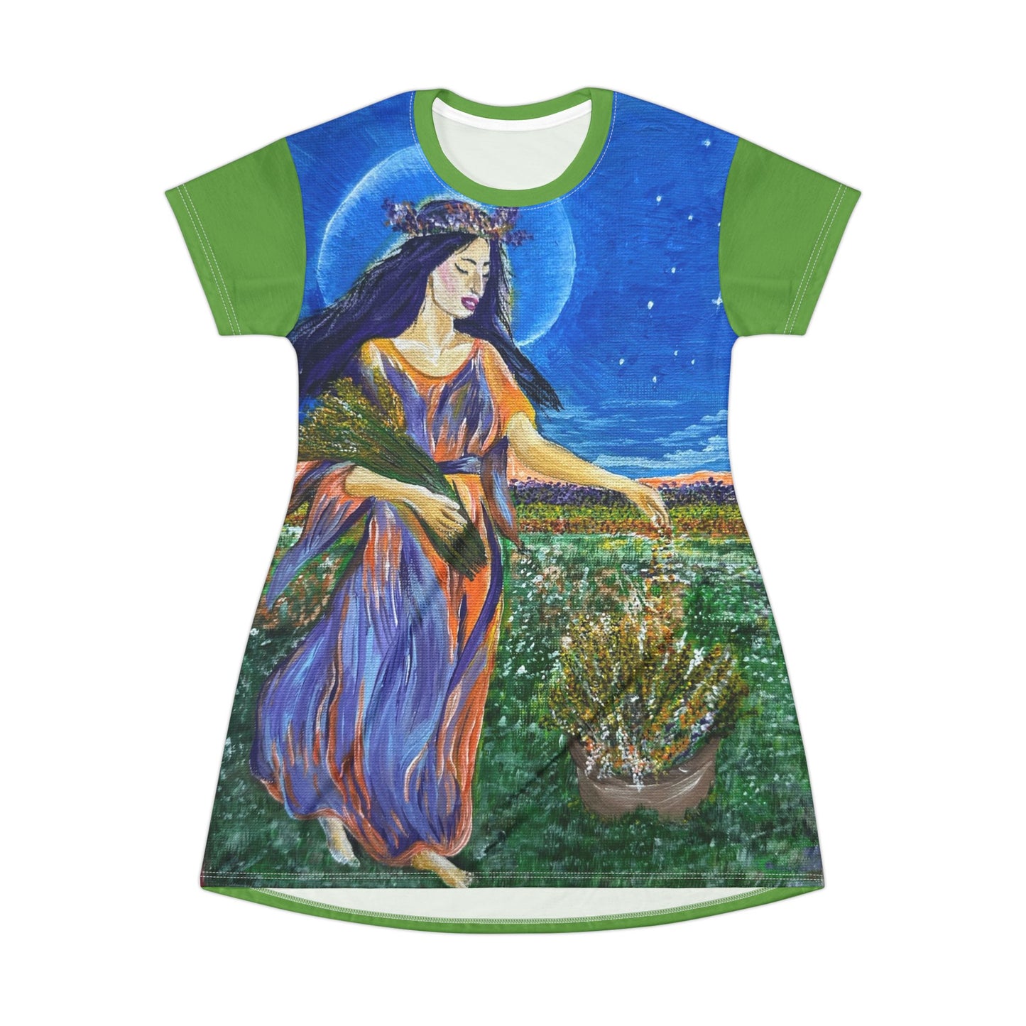 Harvest Goddess Painting T-Shirt Dress | Floral Scene, All-Over Print