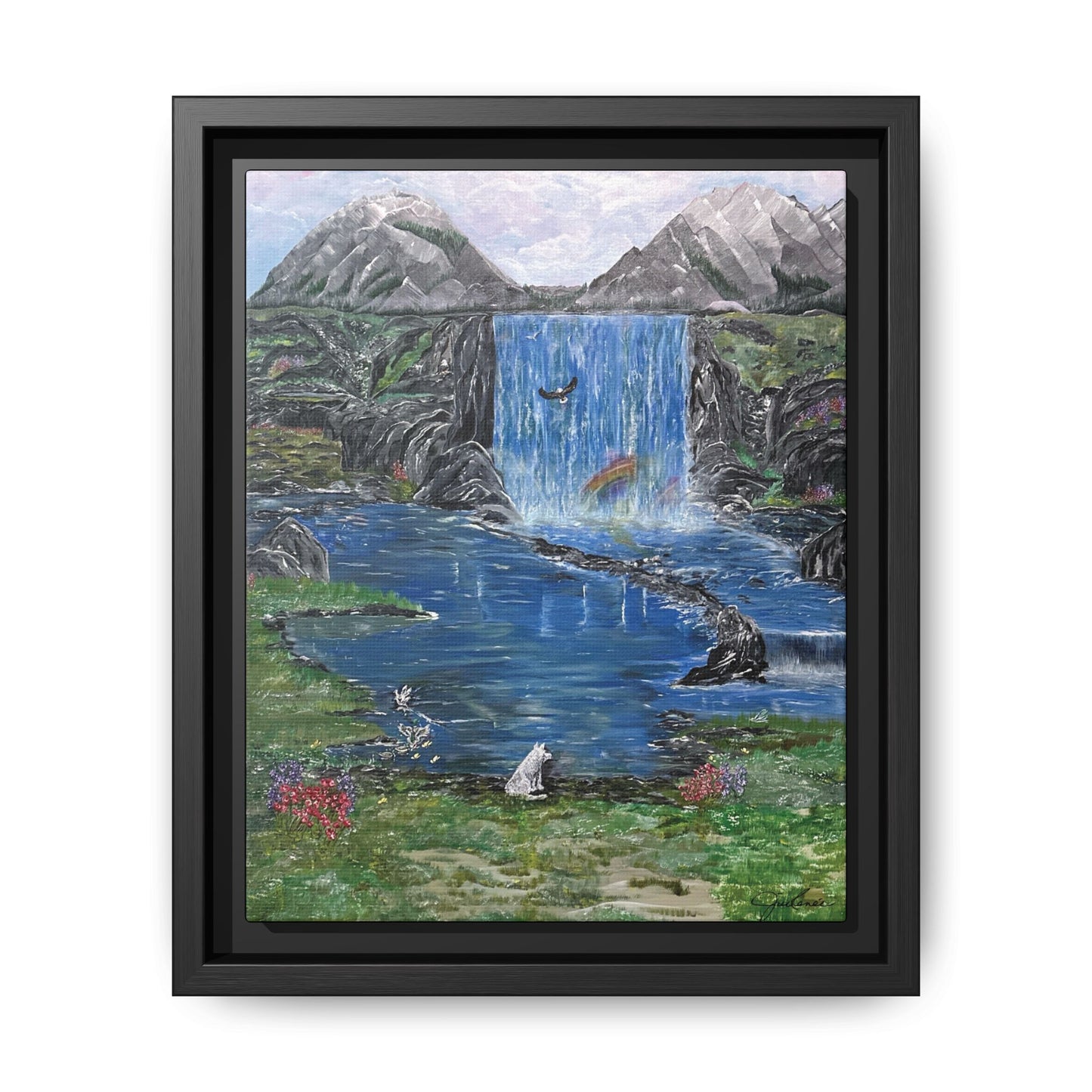 Spirit Under a Pink Sky Wolf Landscape Canvas, Framed Wall Art | Mountain Waterfall