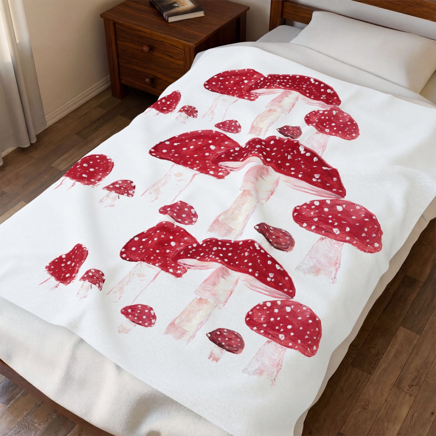 Red Mushrooms Illustration Velveteen Blanket | Watercolor Toadstools Pattern