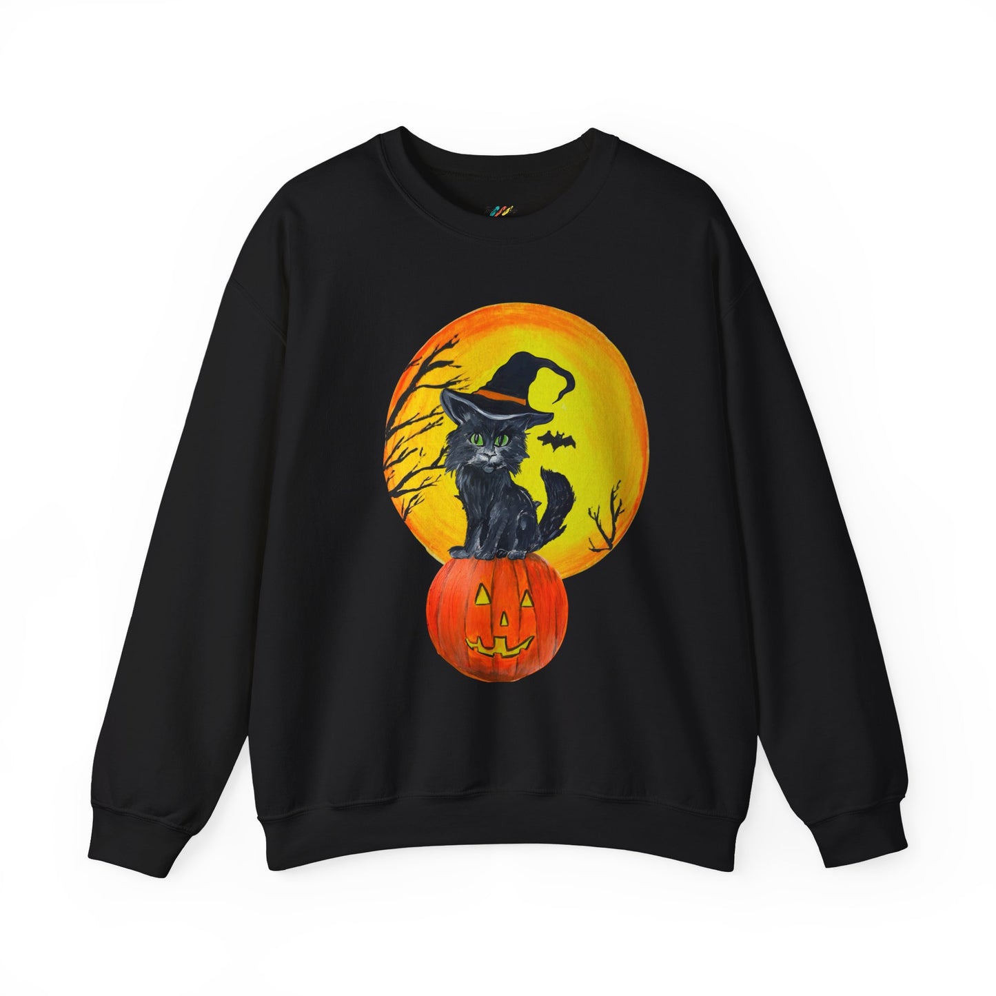 Witch Cat on Pumpkin Crewneck Sweatshirt | Halloween Black Cat Moon