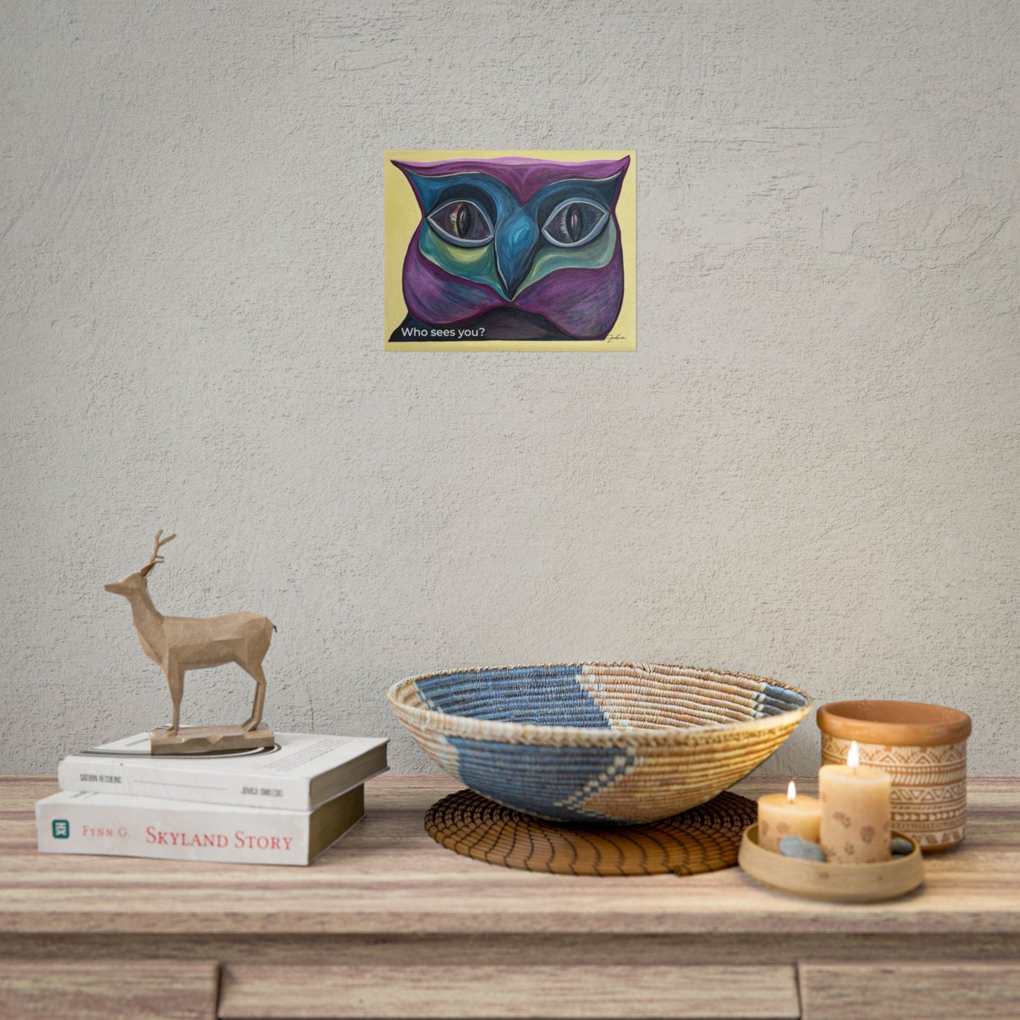 Who Sees You? Owl Face Rolled Poster | Surreal Colorful Catlike Owl Art Print