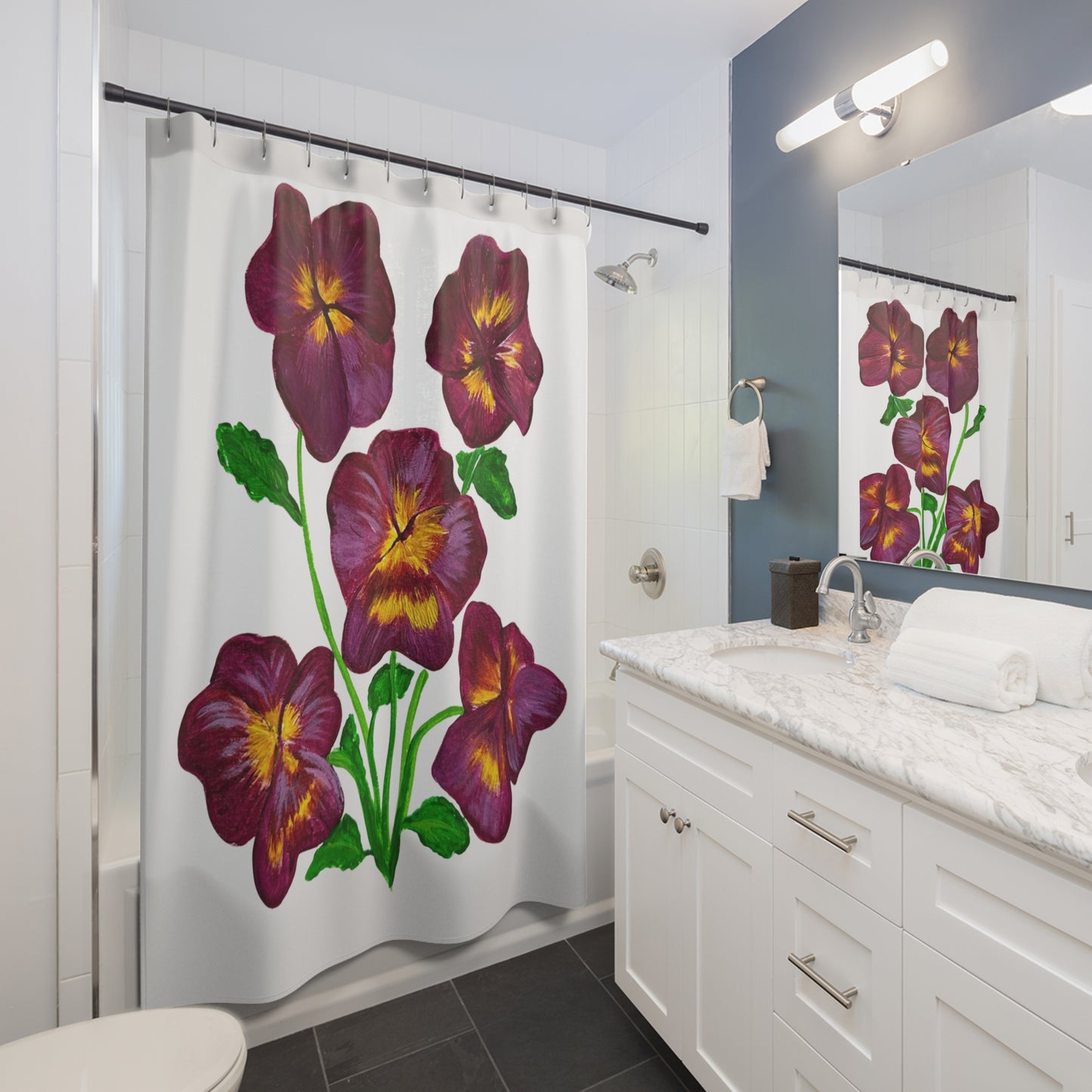 Elegant Floral Shower Curtain, Bathroom Decor, Home Improvement, Pansy Design, Gift for Housewarming, Spring Decor