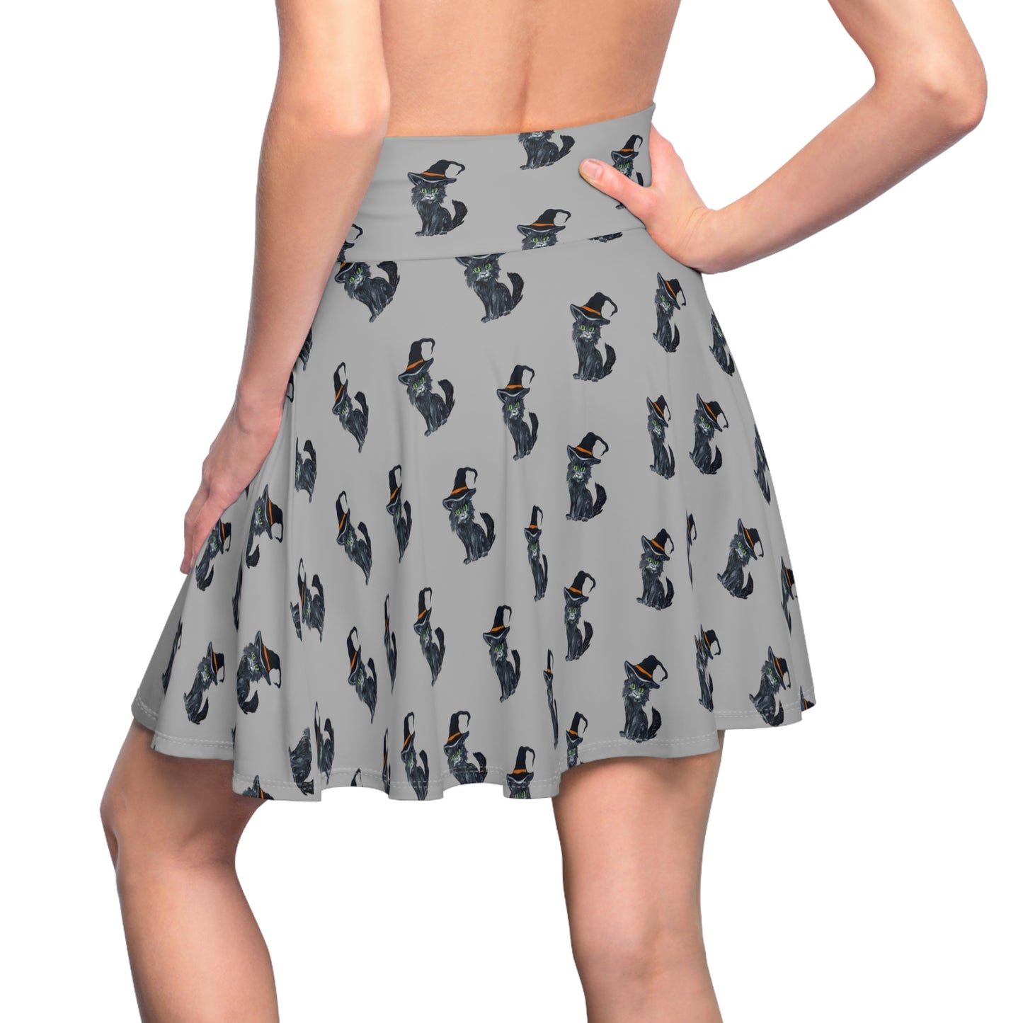 Black Cat Pattern Women's Skater Skirt | Halloween Cat Print Skater Skirt