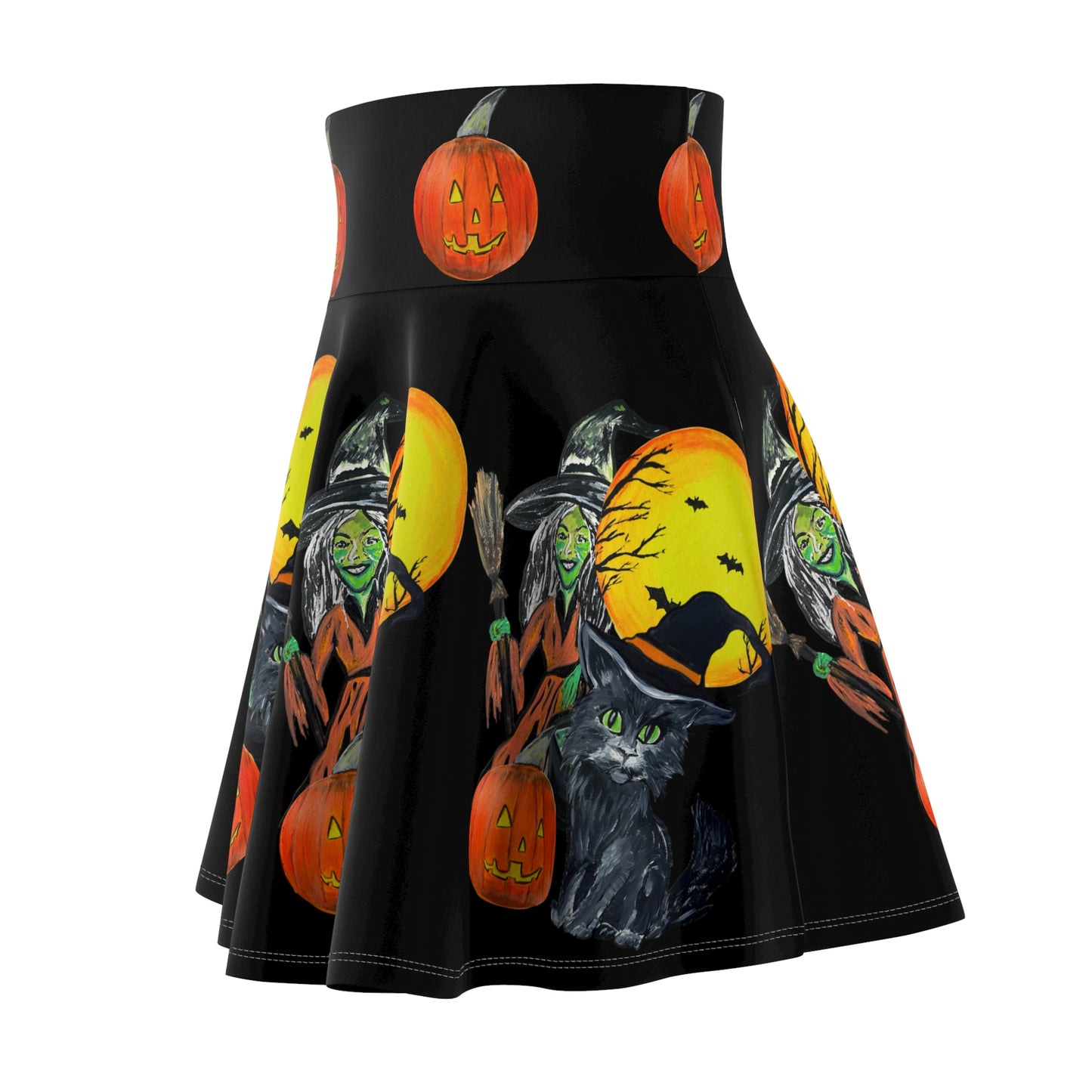 Halloween Witch and Black Cat Skater Skirt | Pumpkin Moon Print