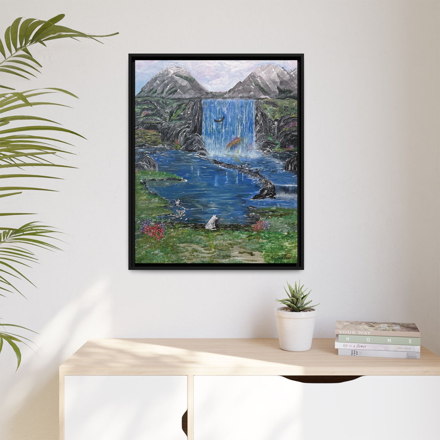 Spirit Under a Pink Sky Wolf Landscape Canvas, Framed Wall Art | Mountain Waterfall