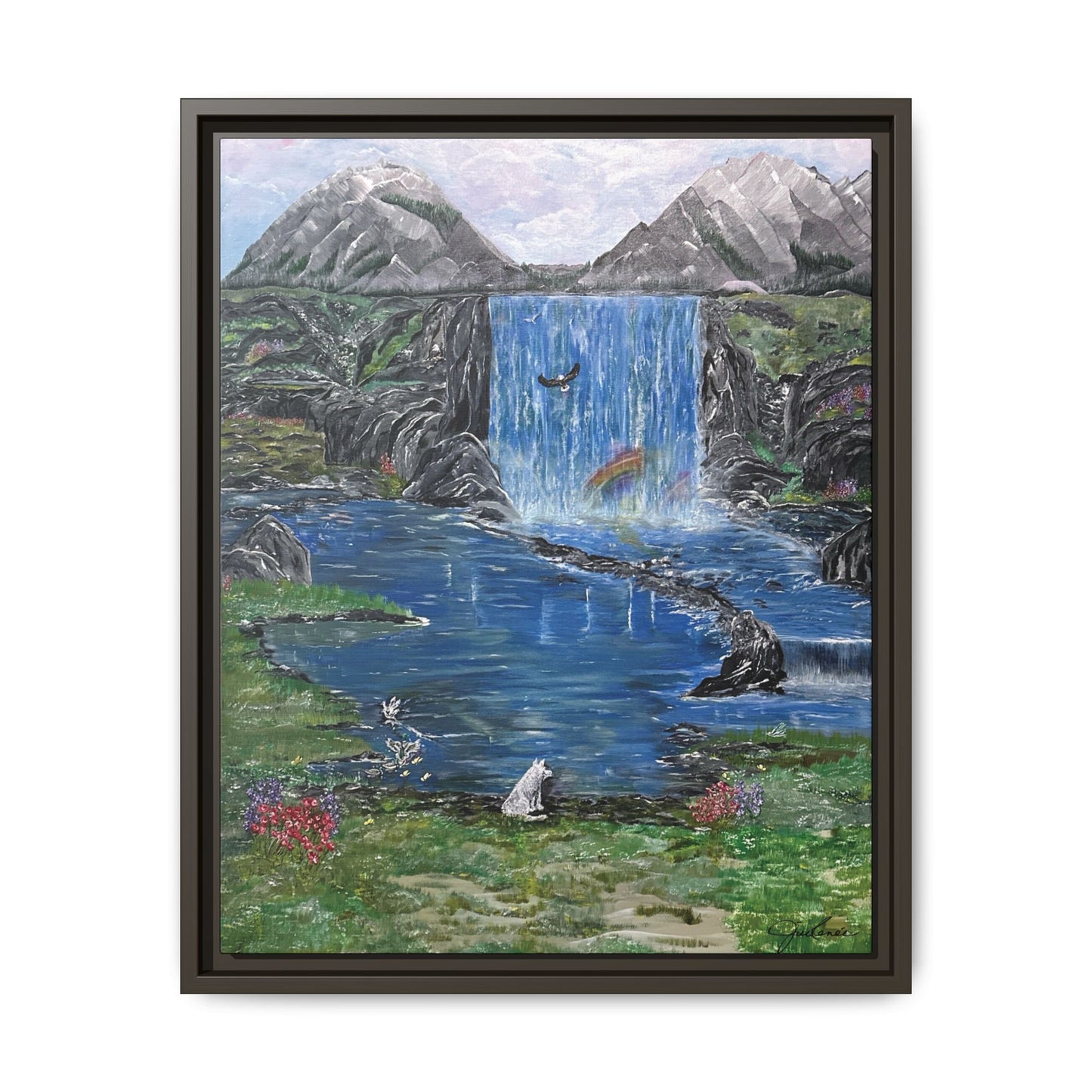 Spirit Under a Pink Sky Wolf Landscape Canvas, Framed Wall Art | Mountain Waterfall