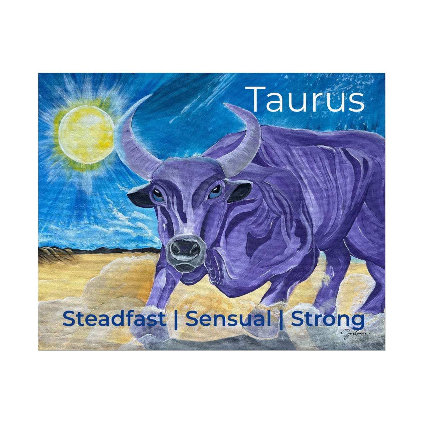 Taurus Purple Bull Artwork Poster | Surreal Zodiac Illustration, Sunlit Landscape