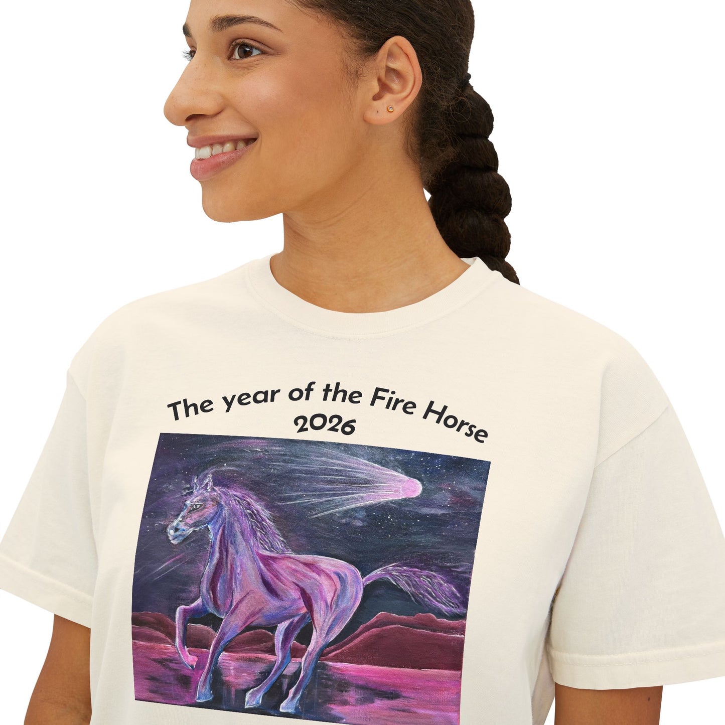 Year of the Fire Horse 2026 Women's Boxy Tee | Cosmic Colorful Fire Horse Design