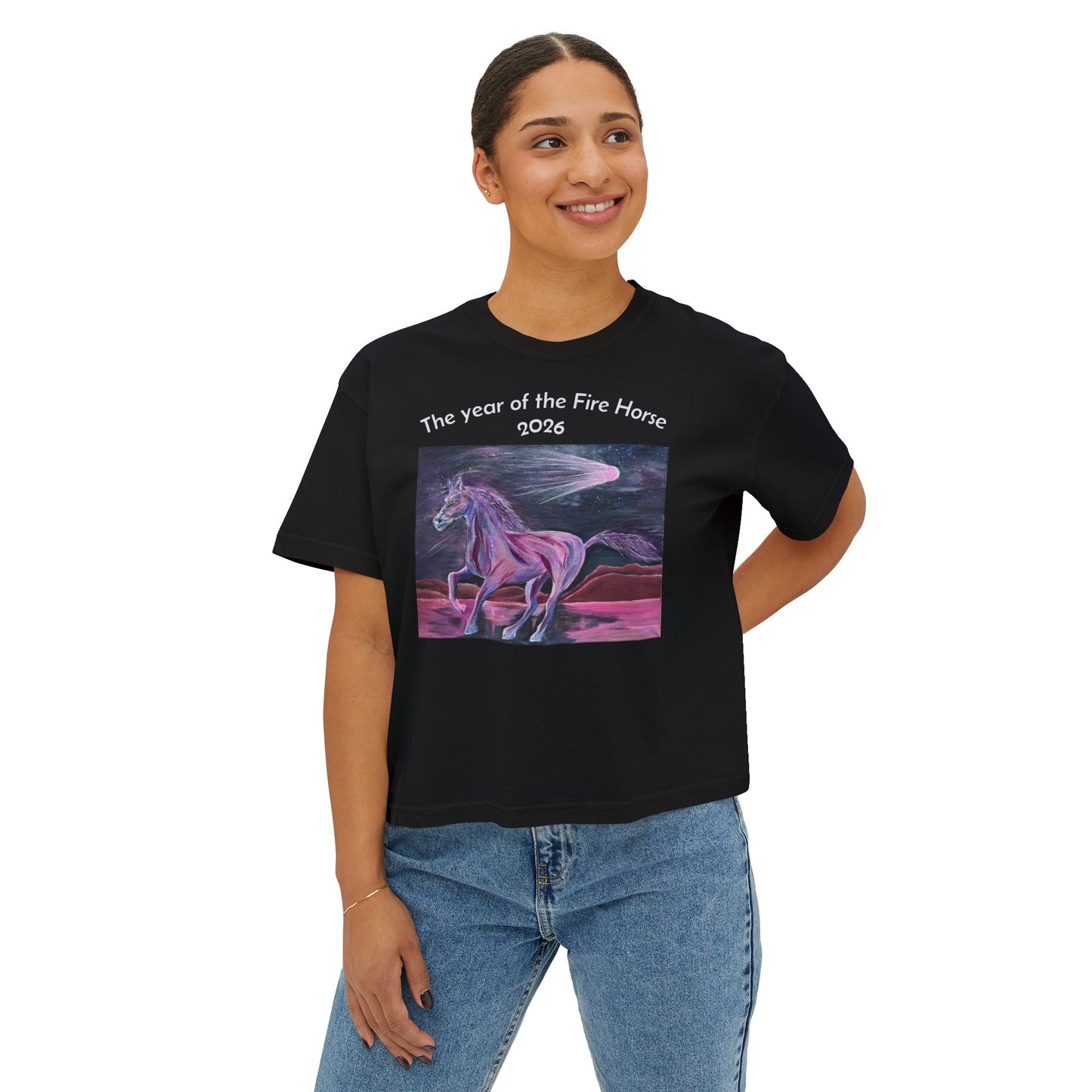 Year of the Fire Horse 2026 Women's Boxy Tee | Cosmic Colorful Fire Horse Design