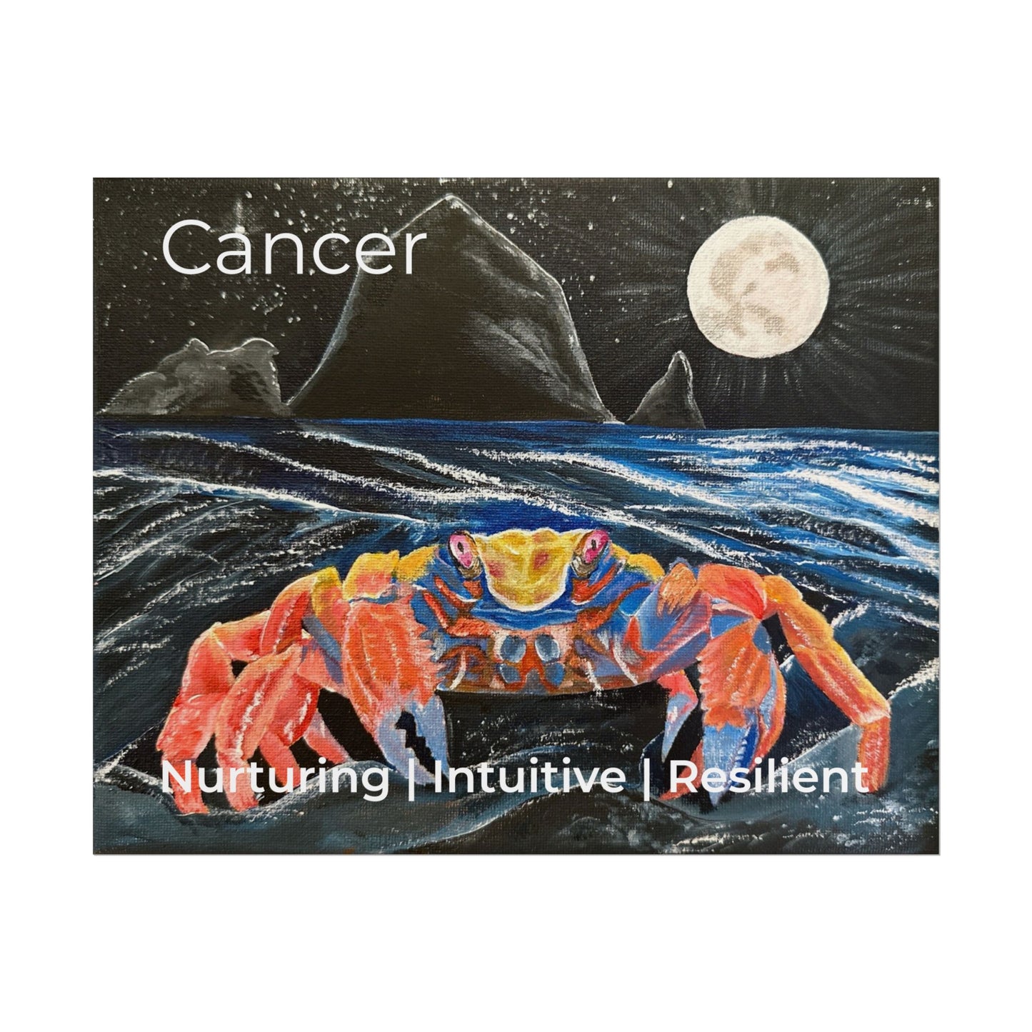 Colorful Moonlit Zodiac Cancer Sign Rolled Poster | Coastal Art, Night Ocean Wall Print