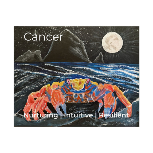 Colorful Moonlit Zodiac Cancer Sign Rolled Poster | Coastal Art, Night Ocean Wall Print