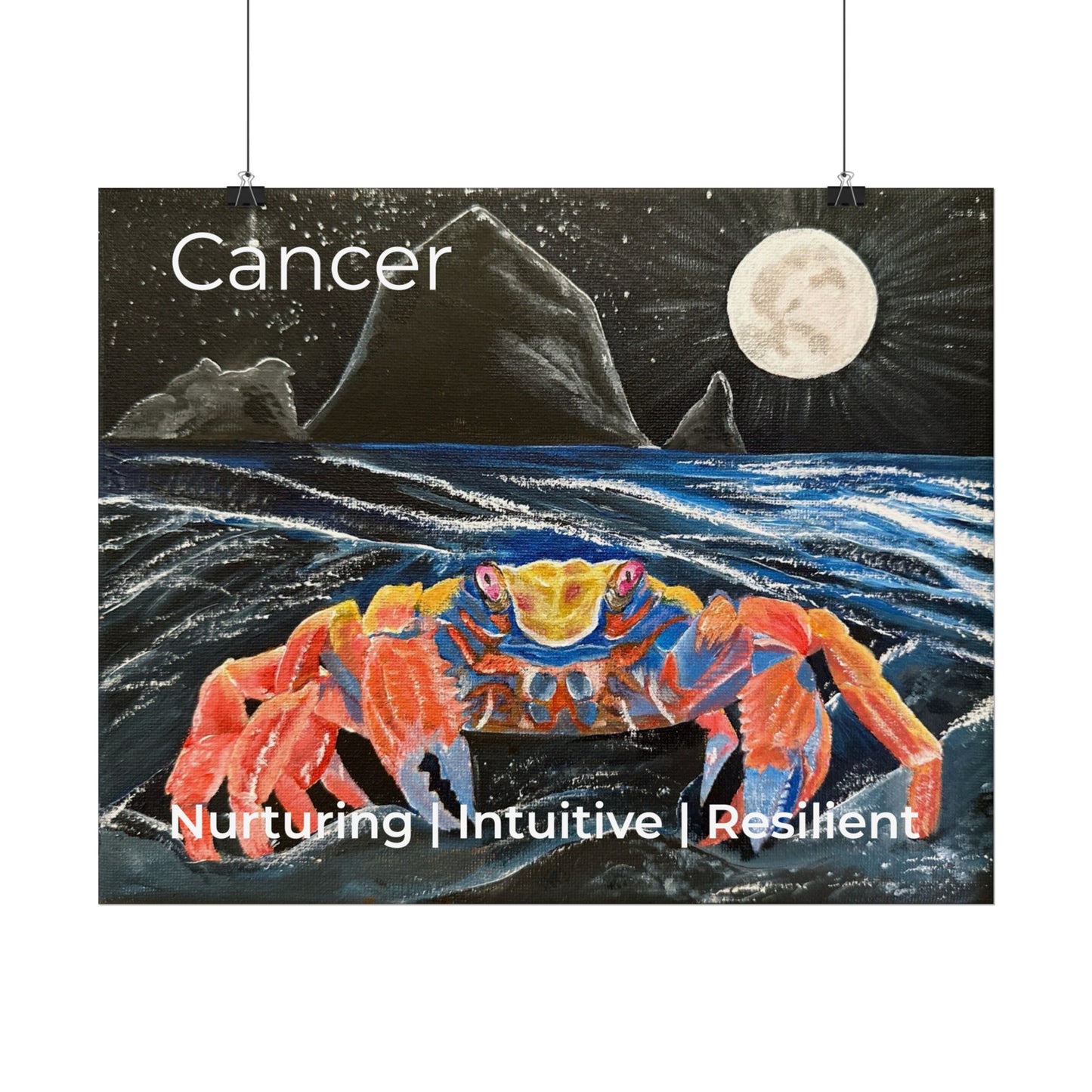 Colorful Moonlit Zodiac Cancer Sign Rolled Poster | Coastal Art, Night Ocean Wall Print
