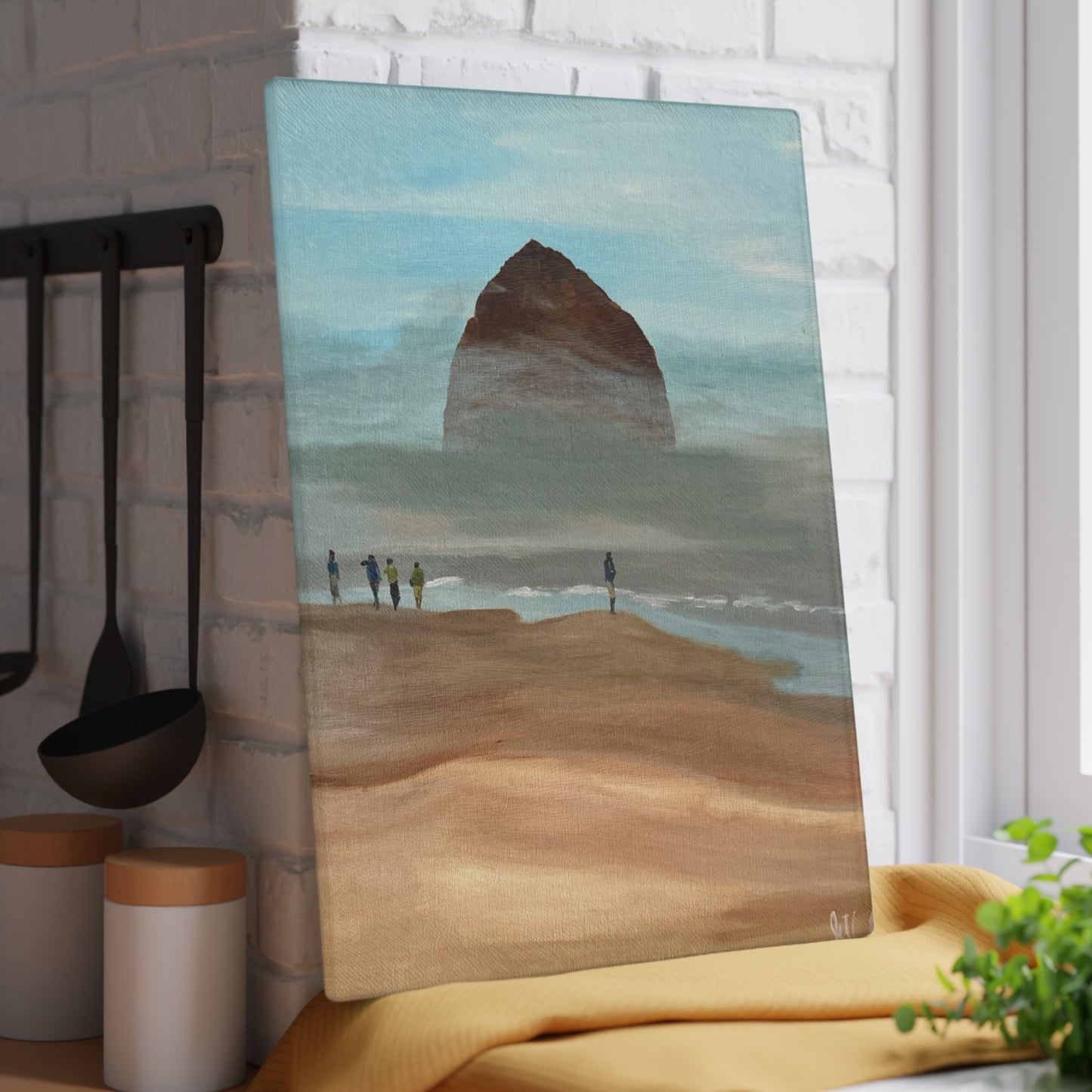 Coastal Glass Cutting Board, Beach Kitchen Decor, Foggy Morning Sea, Coastal Home Gift, Haystack Rock Cutting Board