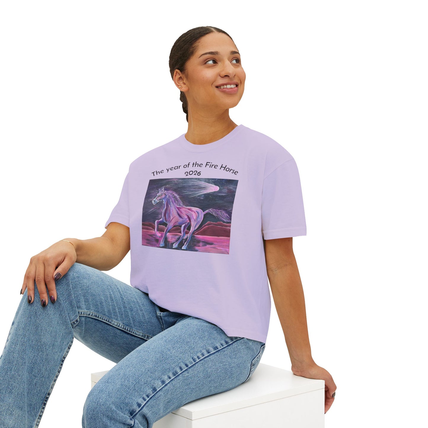Year of the Fire Horse 2026 Women's Boxy Tee | Cosmic Colorful Fire Horse Design