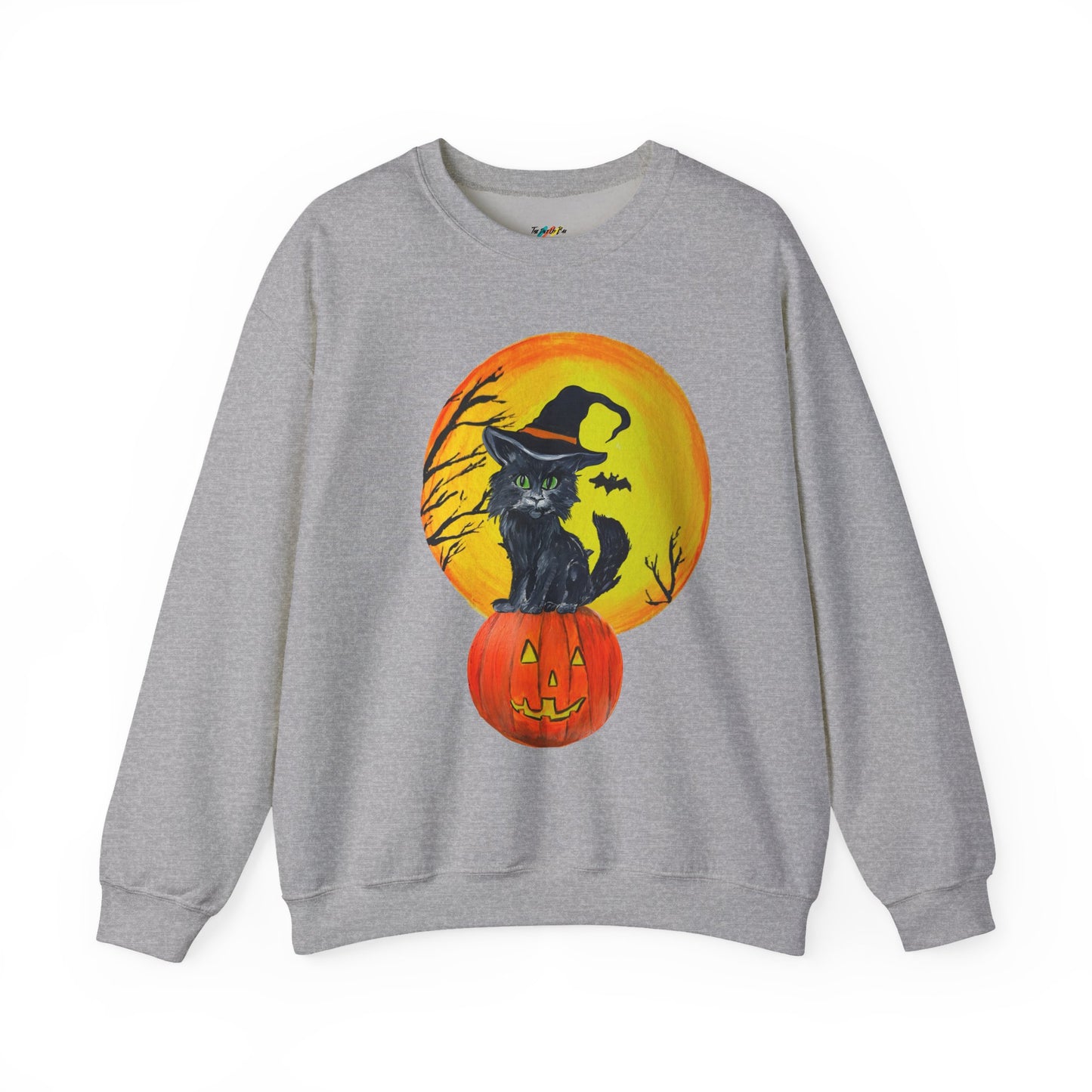 Whimsical Witchy Halloween Kitten Crewneck Sweatshirt, Cute Autumn Moon, Spooky Cat on Jack-O'Lantern, Fall Season Pullover,